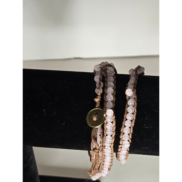 Beaded Wrap Bracelet Light Pink Beads Button Closure - Picture 3 of 5